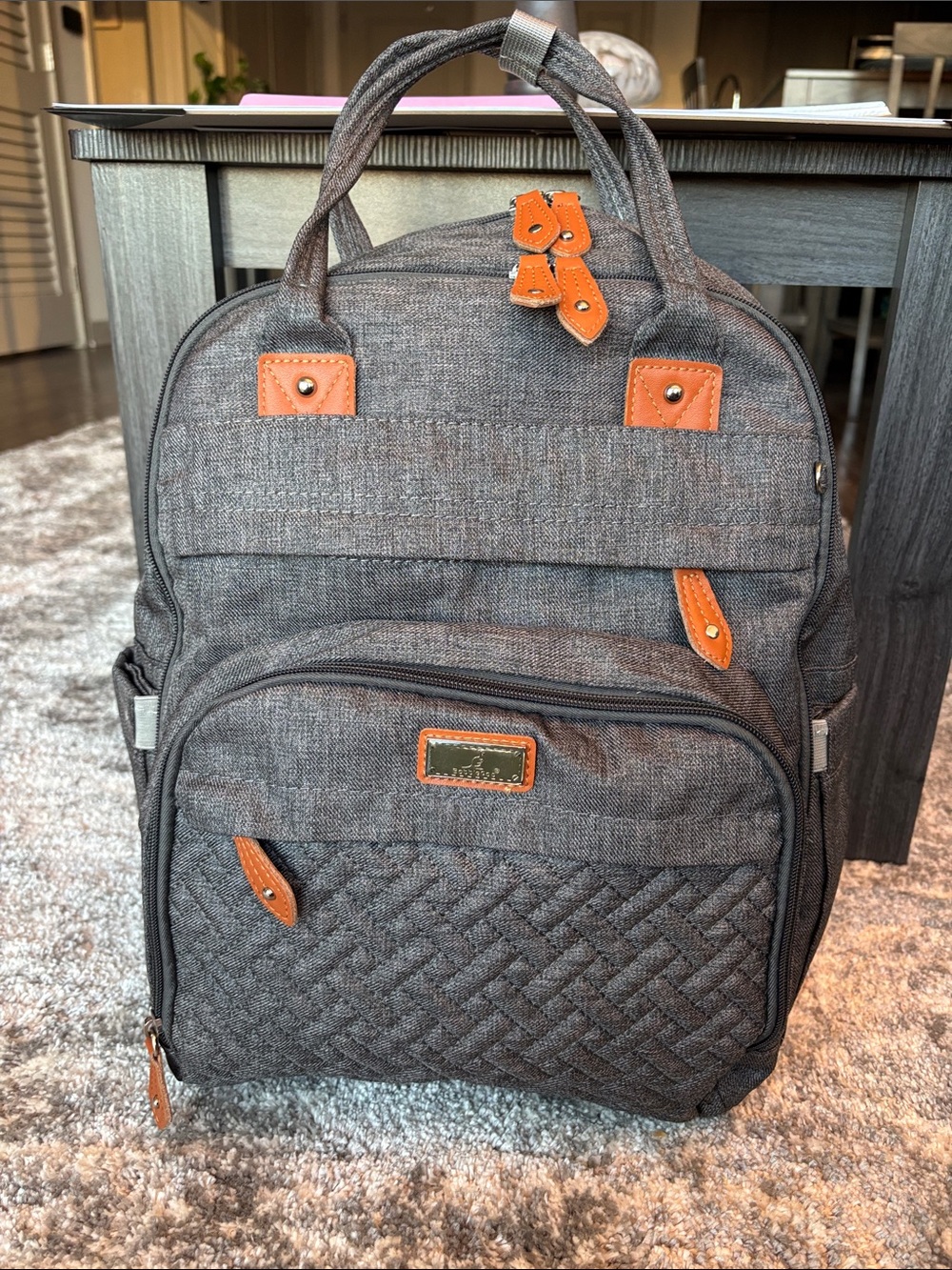 BobbleRoo Dark Grey Diaper Bag/Backpack with Brown Accents